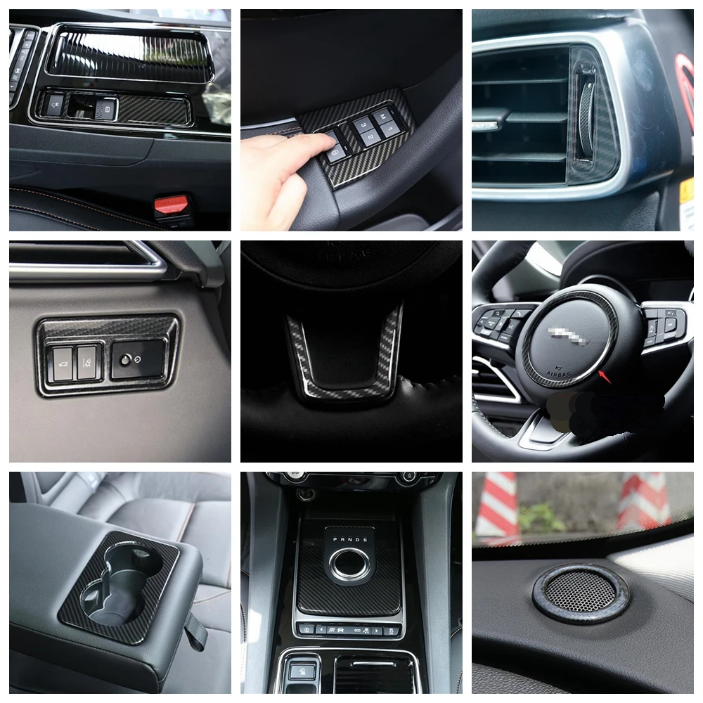 

Carbon Fiber Accessories Steering Wheel / Gear Shift / Head Light Switch / Air AC Cover Trim For Jaguar F-Pace X761 2017 - 2022