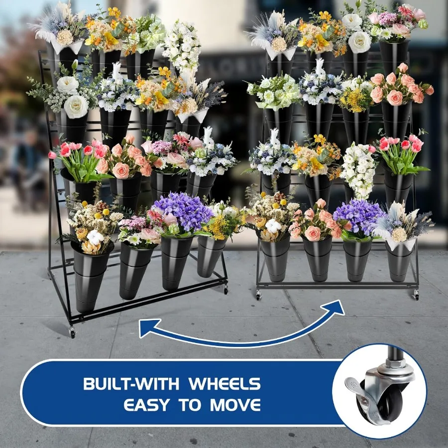 حامل عرض لعربة الزهور مكون من 4 طبقات مع عجلات و16 دلاء مستديرة لسوق المزارعين وعرض النباتات الخارجية والمقهى والحديقة ديكو