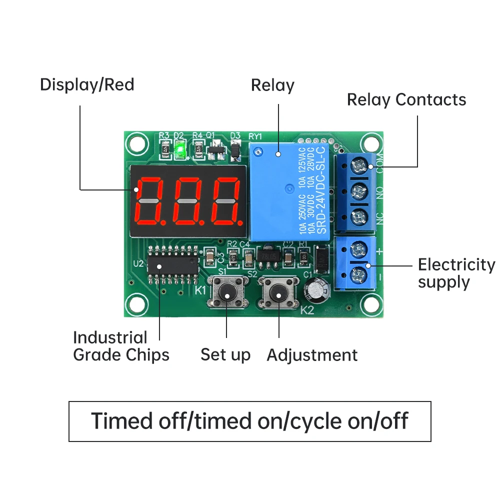 DC12V/24V Multifunctional Digital Display Delay Relay Module 0.36-Inch 3-Digit Red Display Delay Time Off/Delay On/Cycle On/Off