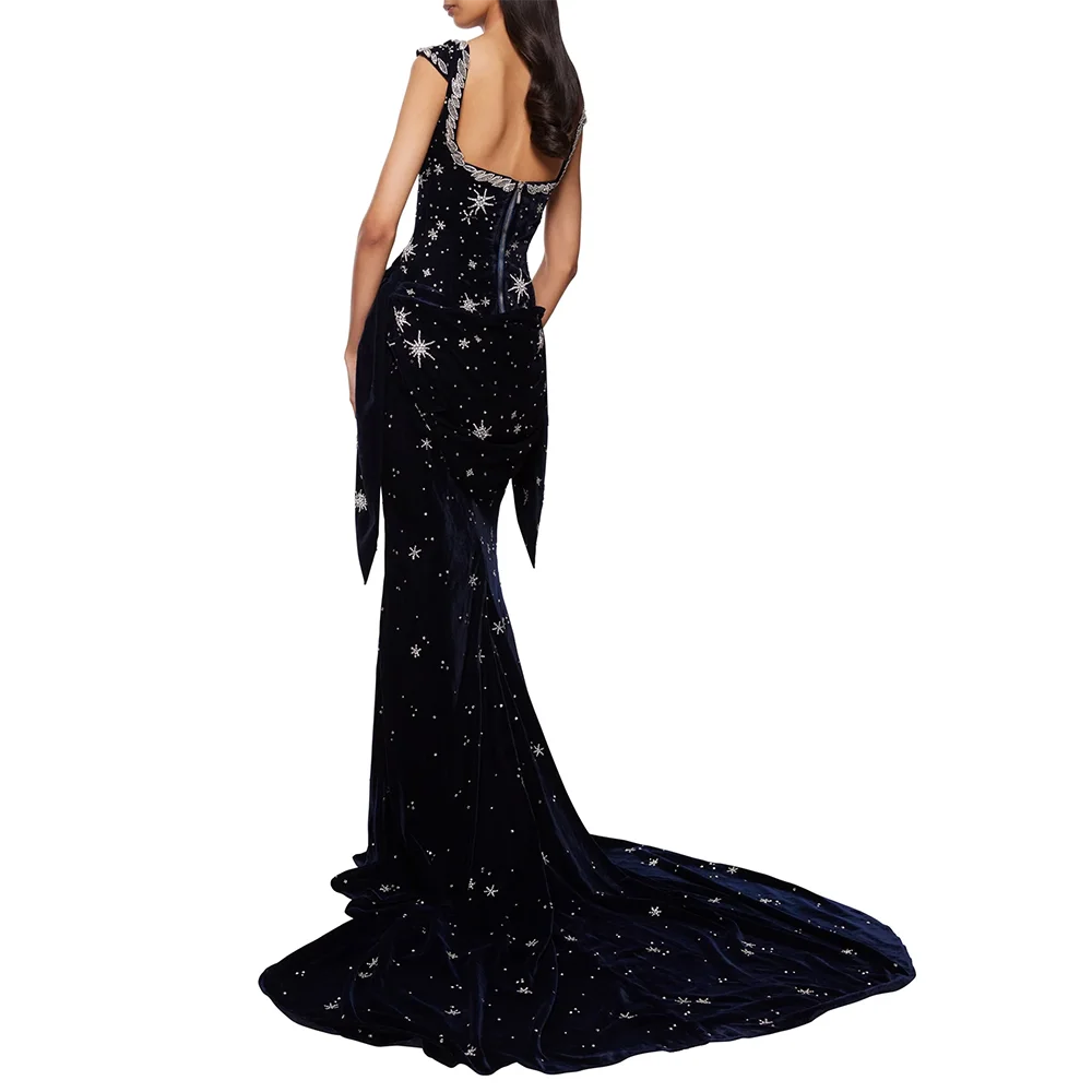 Funkelndes marineblaues Ballkleid mit quadratischem Ausschnitt, modisches rückenfreies Abendkleid, maßgeschneidertes formelles Partykleid im Meerjungfrau-Stil mit Kristallen – Detail 3