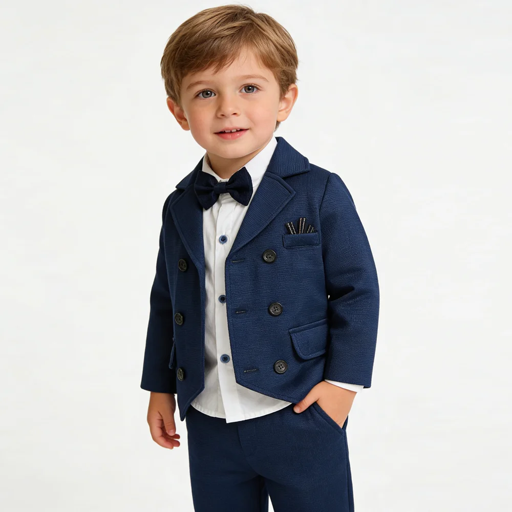 1-7 Year Blue Long-Sleeved 3-Piece Set Clothes Children's Suit Baby Coat shirt pant bowtie Gentleman's Dress Boy's Formal Wear