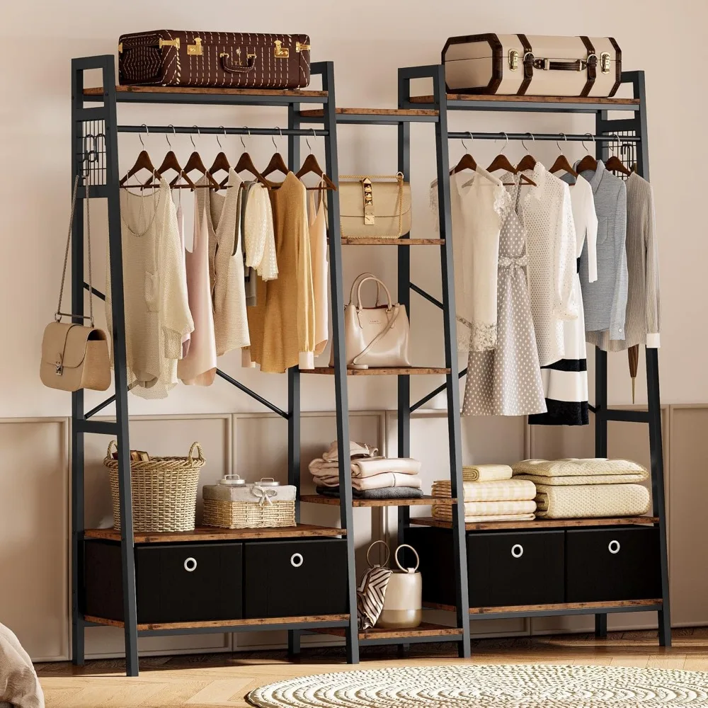 

Garment Rack and Storage Shelves, Heavy Duty Closet Rack with Hanging Rods,4 Drawers, T Shaped Coat Rack Closet Organizer, Vint