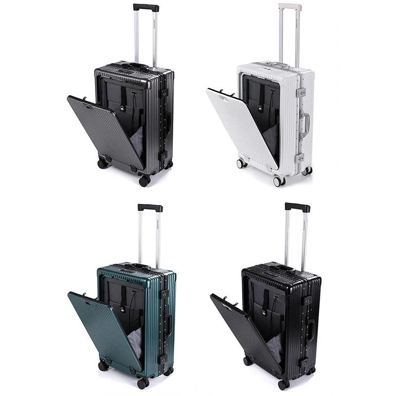 Universal Wheel Luggage Front Opening Suitcase With Cup Holder USB Port Aluminum Frame Phone Rack 20 24 Inch