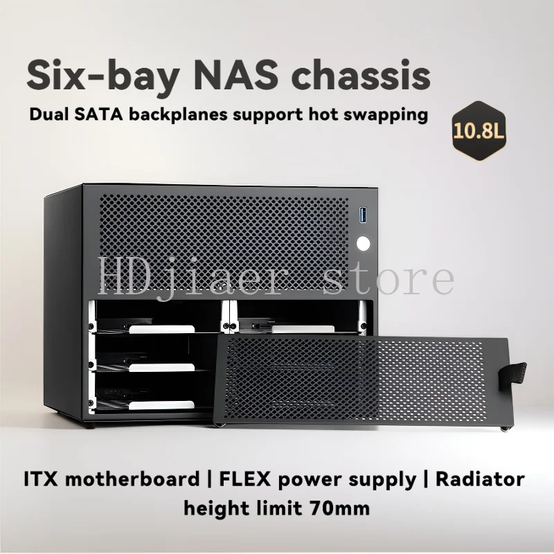 

Six-bay NAS Chassis Supports ITX Motherboard, FLEX Small 1U Power Supply, Radiator Height Limit 70mm, DIY Desktop Storage Server