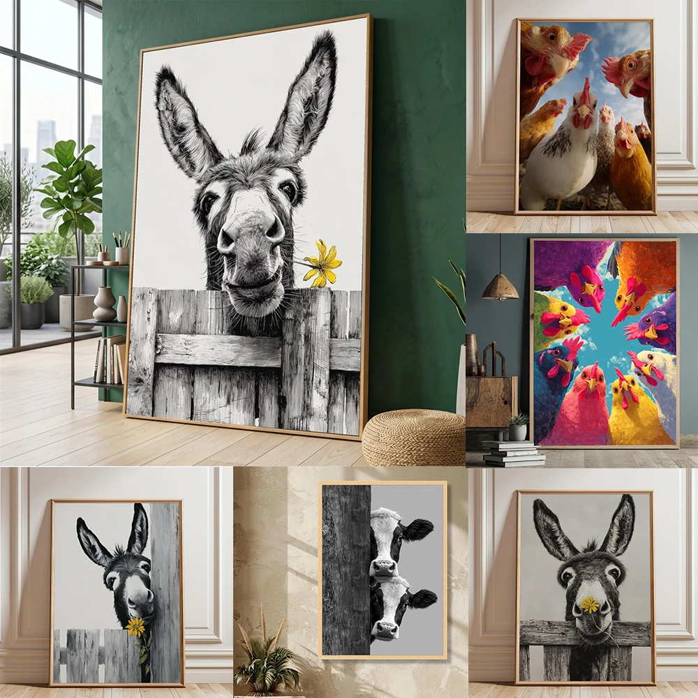 Donkey Peeking Through Fence Print Rustic Farmhouse Animal Art Poster Playful Donkey Canvas Painting Whimsical Farm Animal Decor