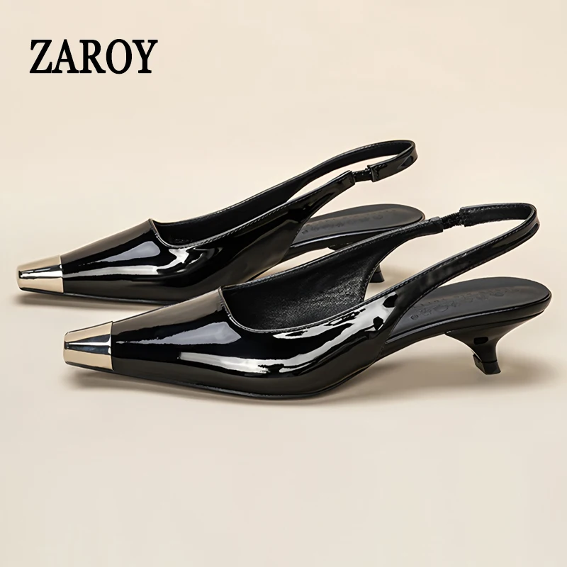 

ZAROY Patent Leather Slingback Slippers Mules Shoes Women Pumps Street Style Metal Pointed Toe Low Heel Sexy Party Sandalias