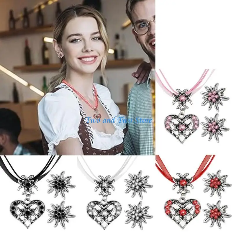 HX6F Fashion Heart Pendant Necklace & Earrings Jewelry Set Edelweiss Choker for Women