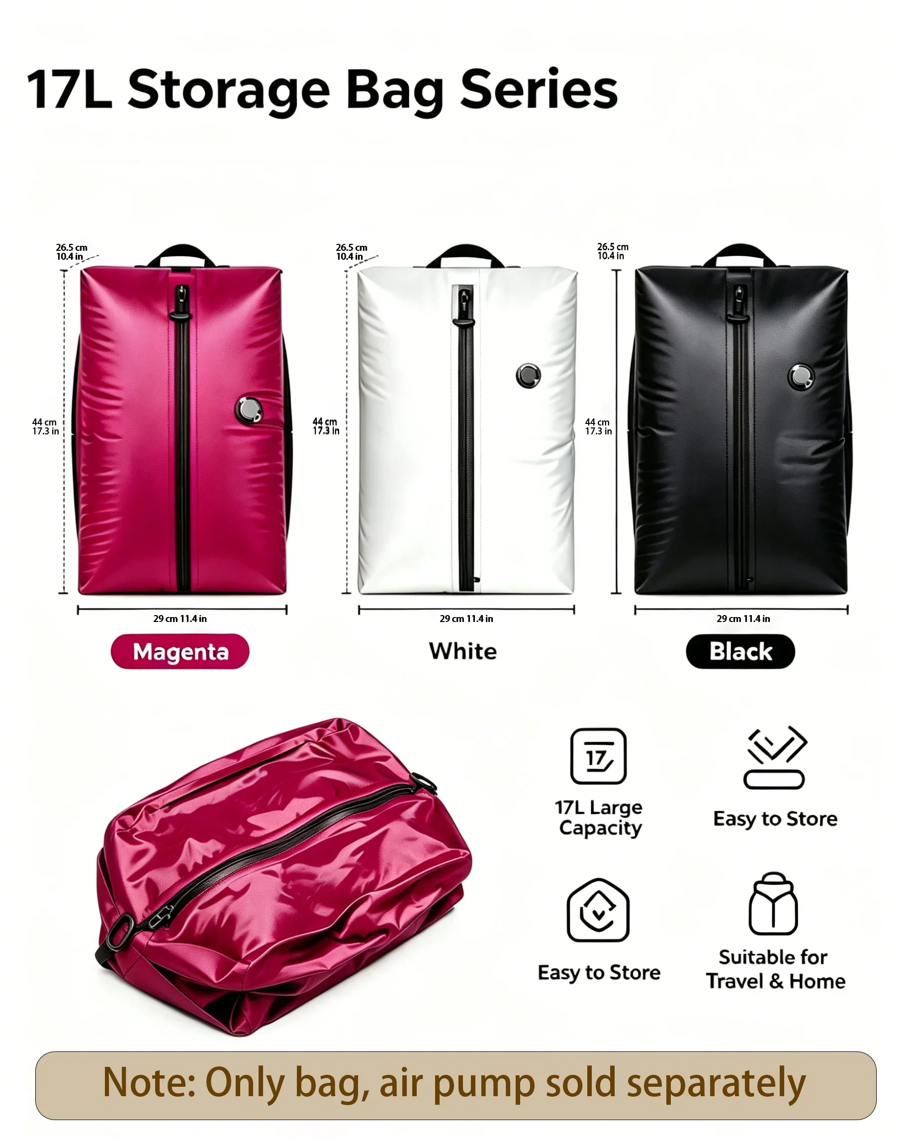 Sacs de rangement sous vide, cubes de rangement, étanches IP67, en PU et polyester, 17L, souples, portables, blanc, noir, rose, sac de voyage, pompe vendue séparément
