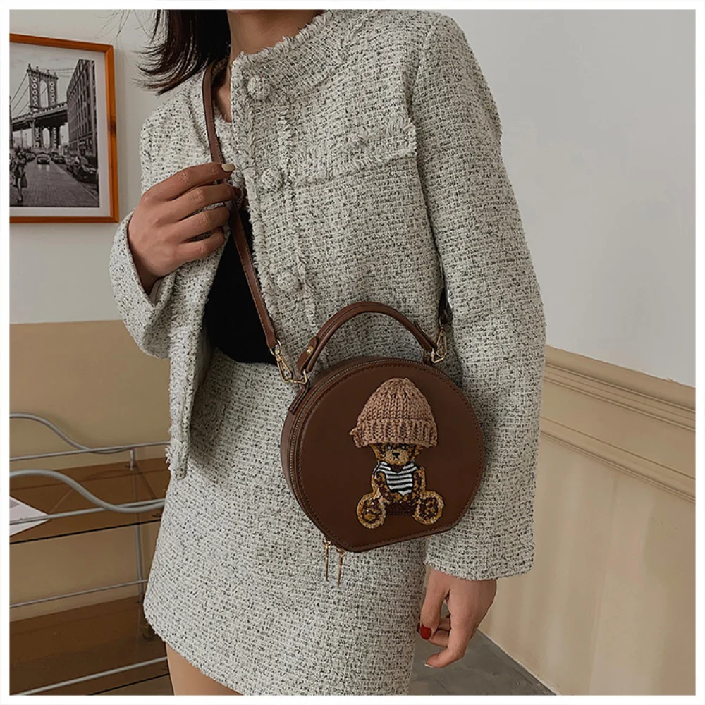 Cartoon Bags for Women New Luxury Designer Handbag Vintage Leather Shoulder Bag Woman Cute Bear Small Round Crossbody Bags