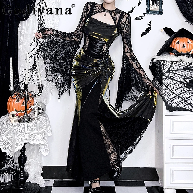 

Gothic Style Halloween Costume Set Women Batwing Sleeve Dark Strap Dress Two Piece Set Female Lolita Style Cosplay Dress Suit