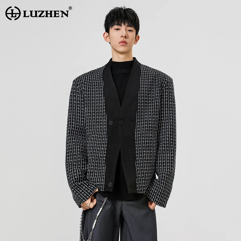 LUZHEN 2026 New Plaid Printed Splicing Design Cross Placket Blazer Coat Men's Handsome Korean Fashion Casual Male Jacket JY8948