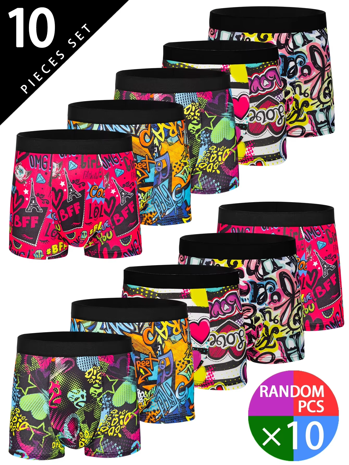 

10pcs Men's underwear fun printed men's flat corner pants suitable for beach leisure, outdoor swimming, teenagers' men's panties