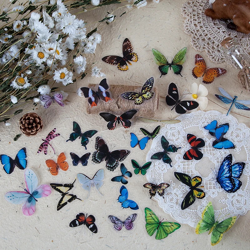 40Pcs Vintage Butterfly PET Stickers DIY Decorative Junk Journal Stickers For Scrapbook Label Diary Album Planner
