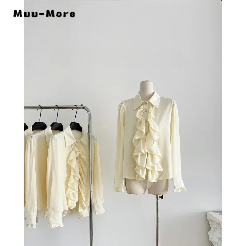 

French Style Elegant Turn Down Collar Solid Color Luxury Blouses 2023 Winter Women Casual Long Sleeve Chiffon Thin Shirts Top