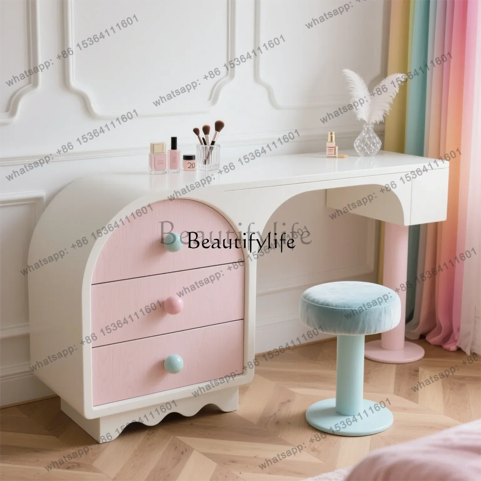 LXNeue cremefarbene Kommode aus rosafarbenem Massivholz, integrierter Schlafzimmer-Make-up-Tisch, AufbewahrungsschrankSSS