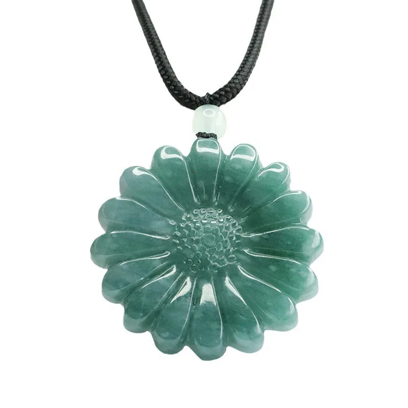 Natural Burmese Blue Jadeite Sunflower Jade Pendant Necklace Fashion Fine Jewelry Designer Charm Amulet Gifts for Women Luxury
