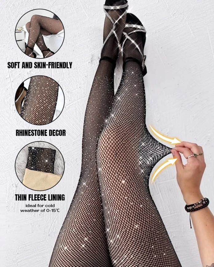 

Women Pantyhose Stocking Rhinestone Glitter Fleece Lined High Waist Tights Sexy Fishnet Party Concert Outfit Winner Warm Legging