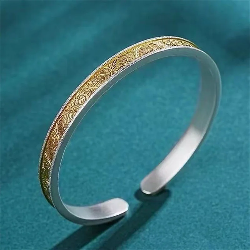 

999 Sterling Silver Vintage Tang Grass Engraved Gold Plated Open Cuff Bracelet Women Ethnic Solid Bangle Minimalist Gift Jewelry