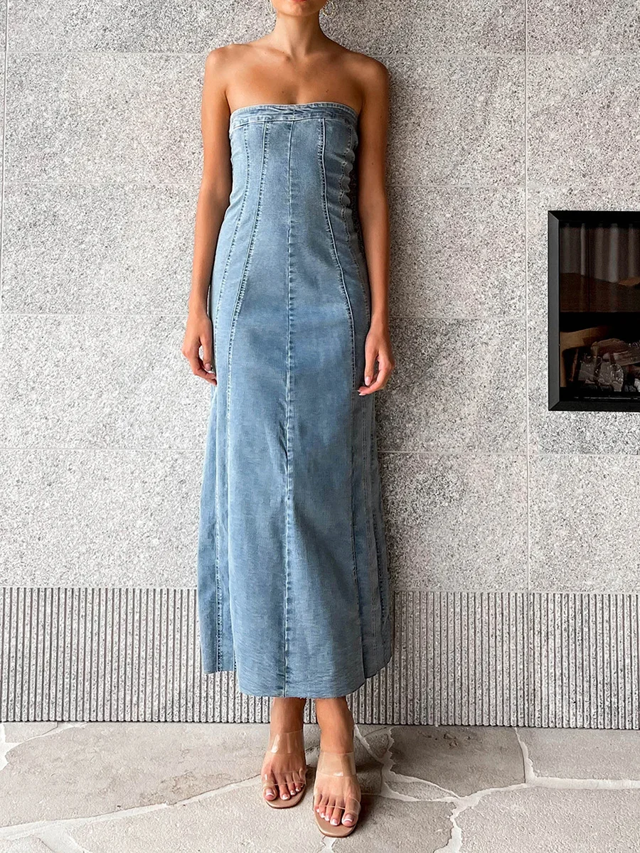 Combhasaki Women Y2K Vintage Elegant Tube Dress Strapless Backless Denim Dress Zipped Summer Side High Slit Dress for Club Party