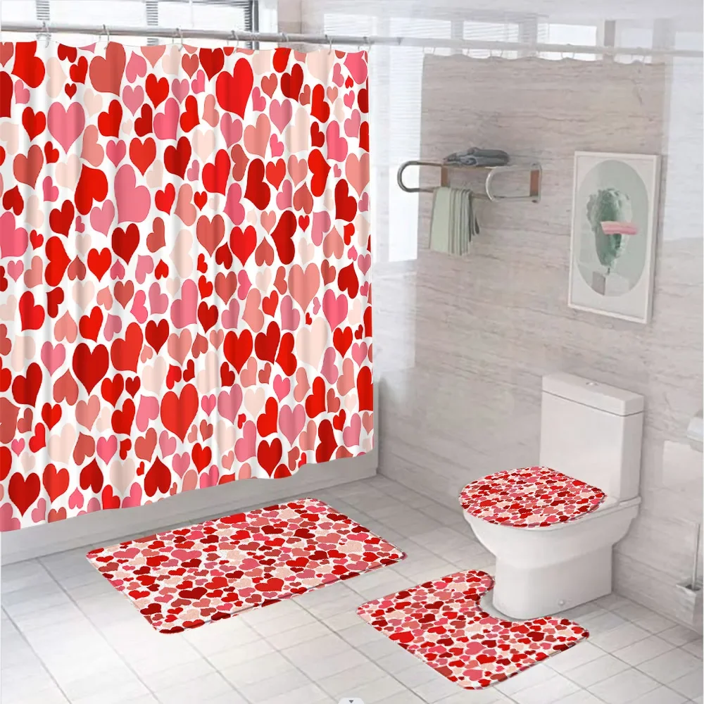 Love Hearts Shower Curtain Set Valentine's Day Wedding Gift Girl Bath Curtains Bathroom Mat Non Slip Rug Carpet Lid Toilet Cover