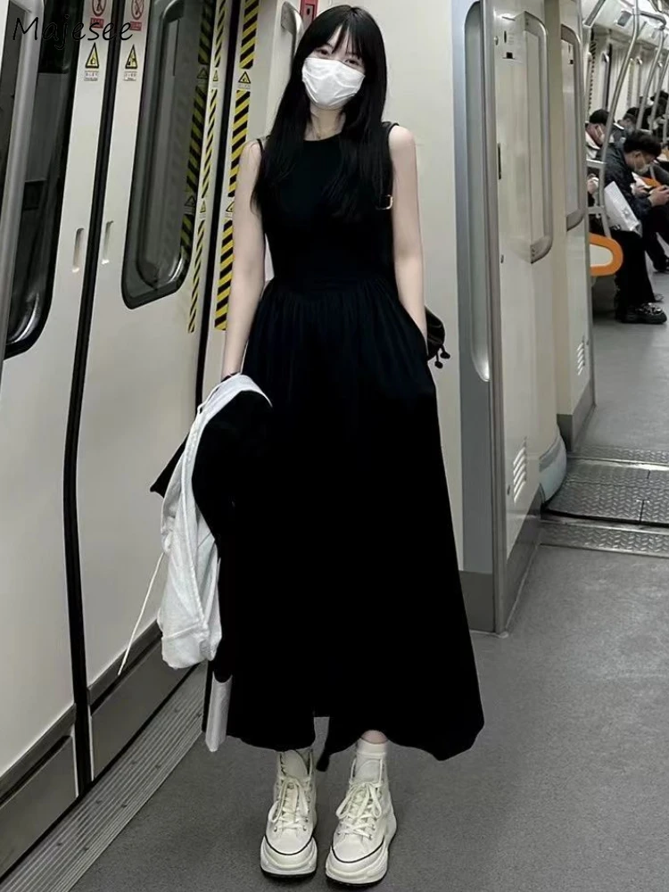 Summer Black Long Dresses Women Classy French Style Minimalist Temper Female Sundress Casual Stylish Retro Sleeveless Dress Sexy