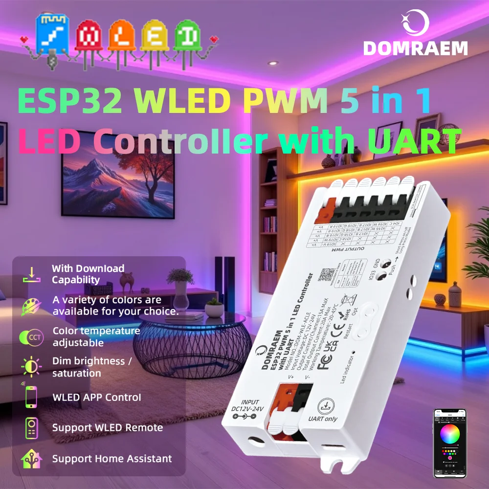 DOMRAEM ESP32 PWM 5-in-1 WLED Controller with UART for DIMMER  RGB RGBWCCT LED Strip, Works with Alexa Google Home and Assistant