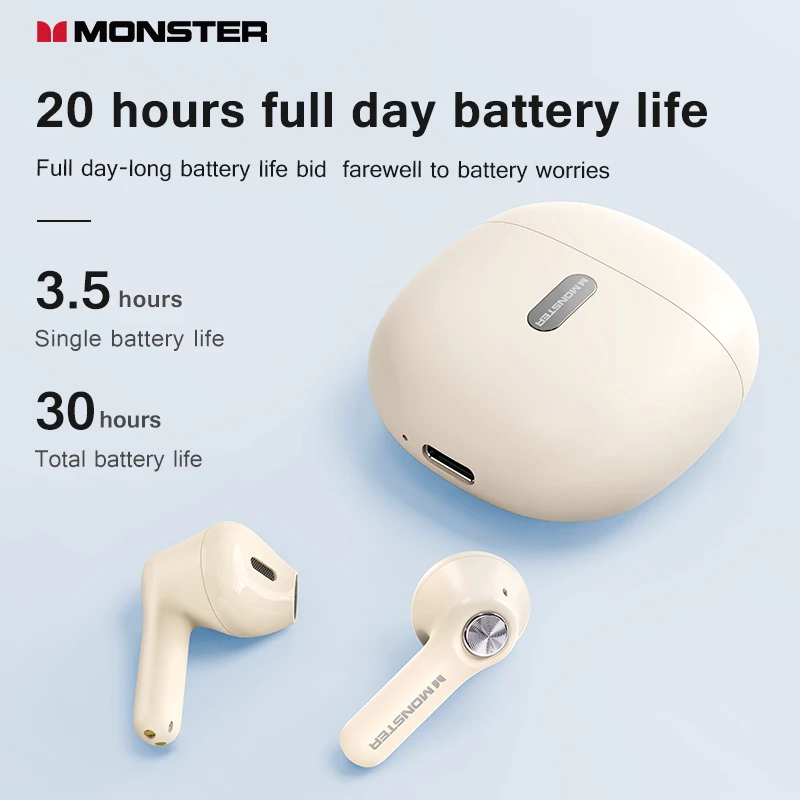 Monster N-Lite 207 TWS Wireless Noise-Cancelling Bluetooth Earphones Sport Waterproof Wireless Headphones Bluetooth 5.4 with Mic