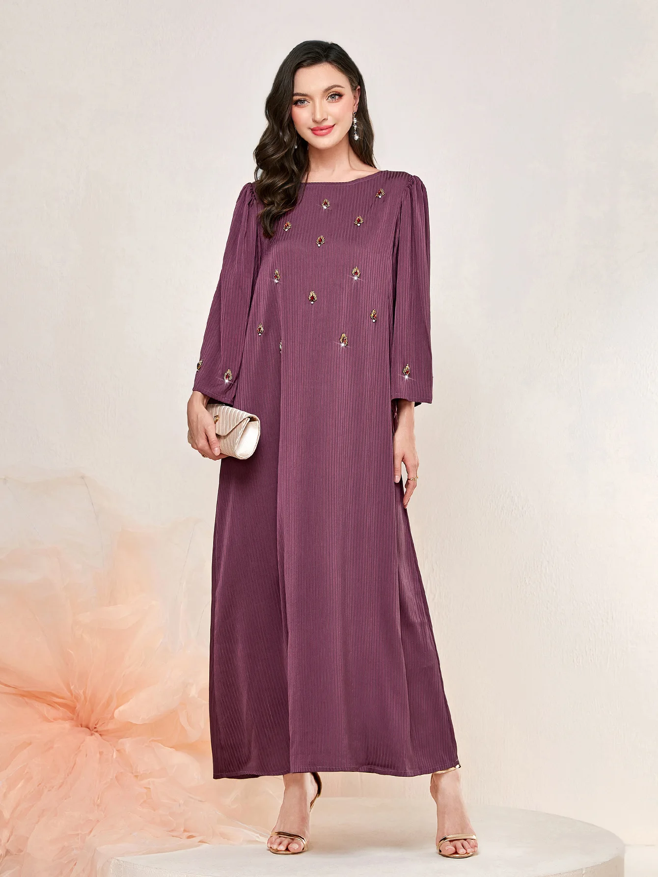 Robe en tricot diamant cousue à la main, robe de soirée de dubaï pour femmes, manches longues, caftan solide, Abayas musulmanes, robe de soirée marocaine