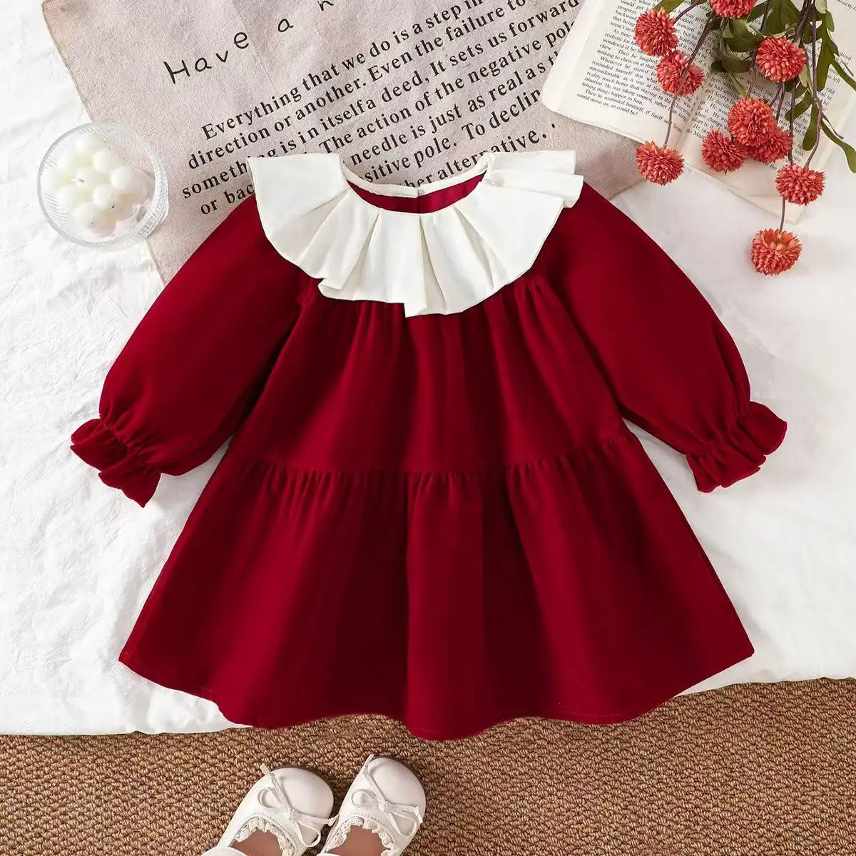 

Spring and Autumn 2026 New Girl Baby Lace Lotus Leaf Collar Red Dress Long Sleeve Children's Princess Dress Trendy