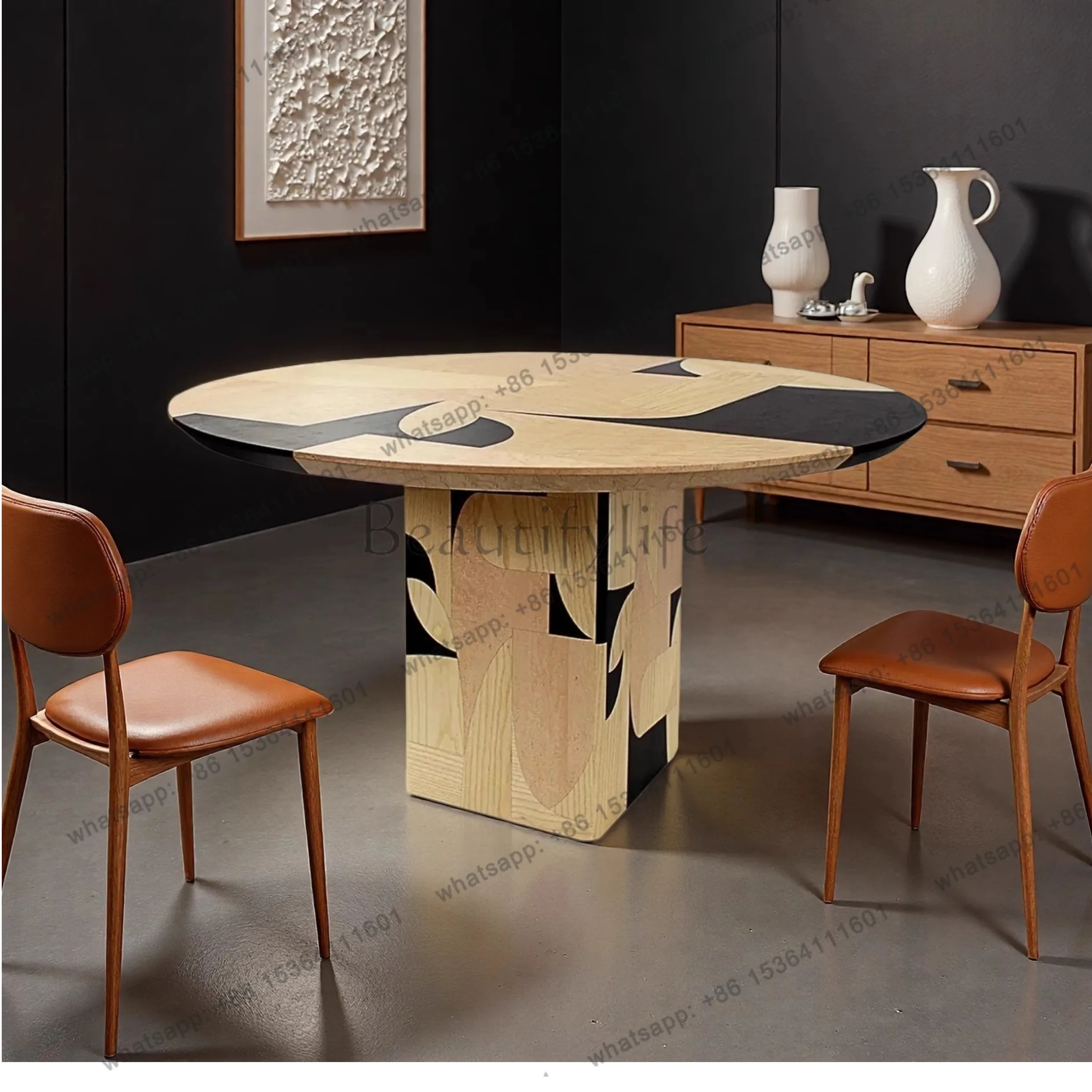 Nordic designer art irregular sticky solid wood round table French antique villa dining table