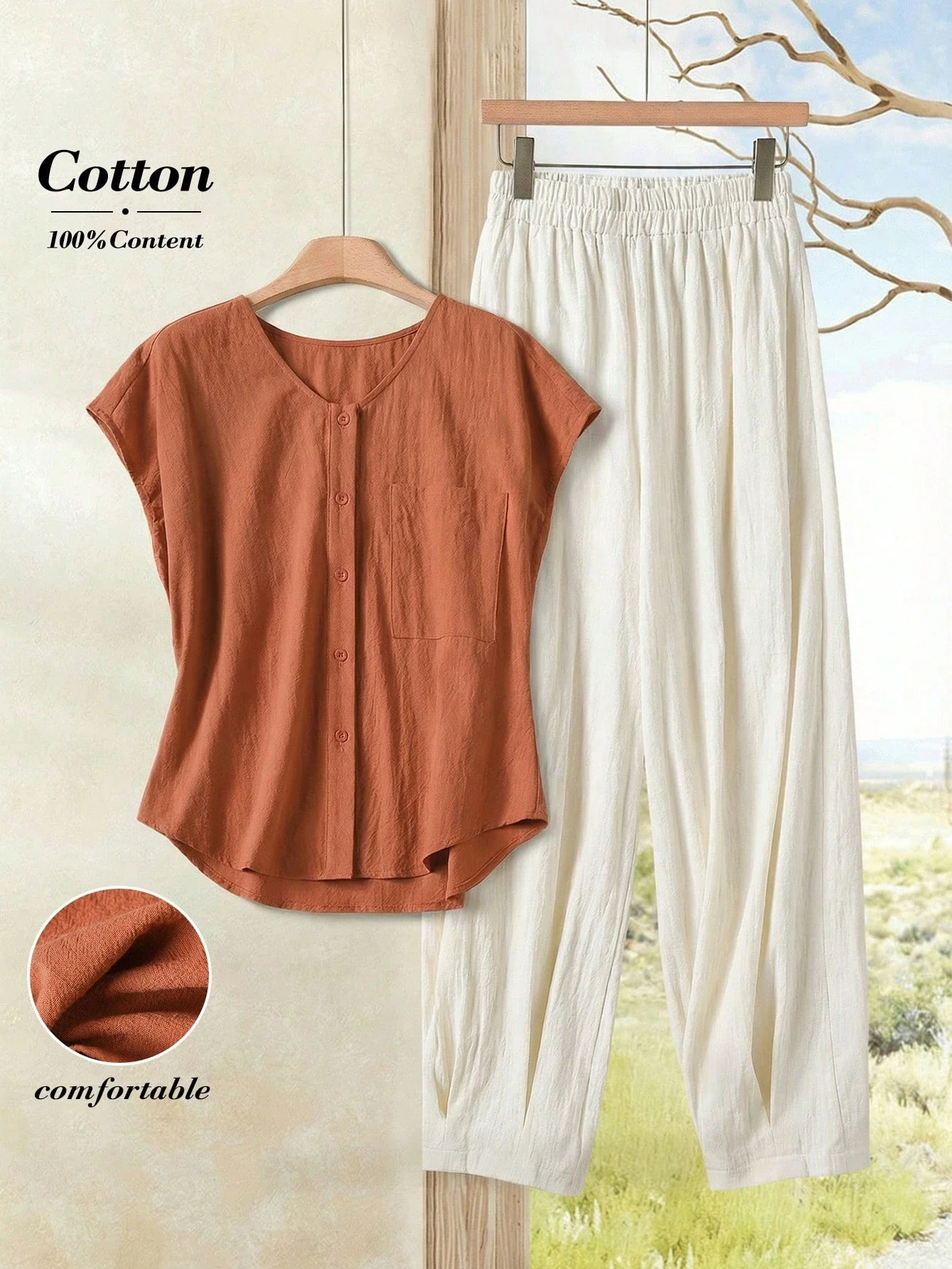 

Women 2pcs Cotton Shirt And Pants Set Casual Vintage Loose Fit Orange Top Off-White Lantern Pants