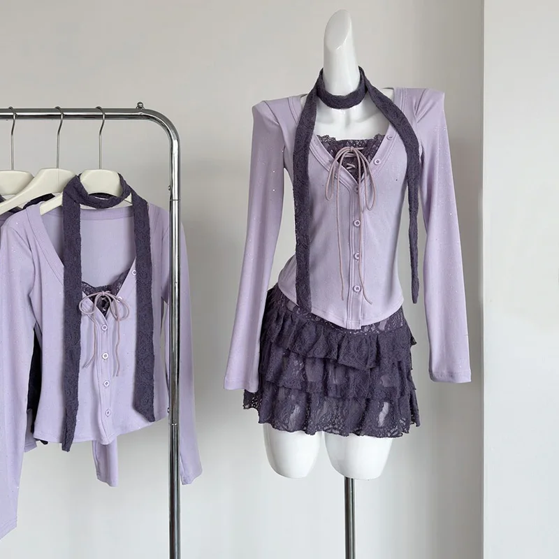 

Korean Fashion Skirt Two Piece Set Women Y2K Sweet Chic Patchwork Long Sleeve Tops Sexy Slim Mini Ruffle Skirts Female New