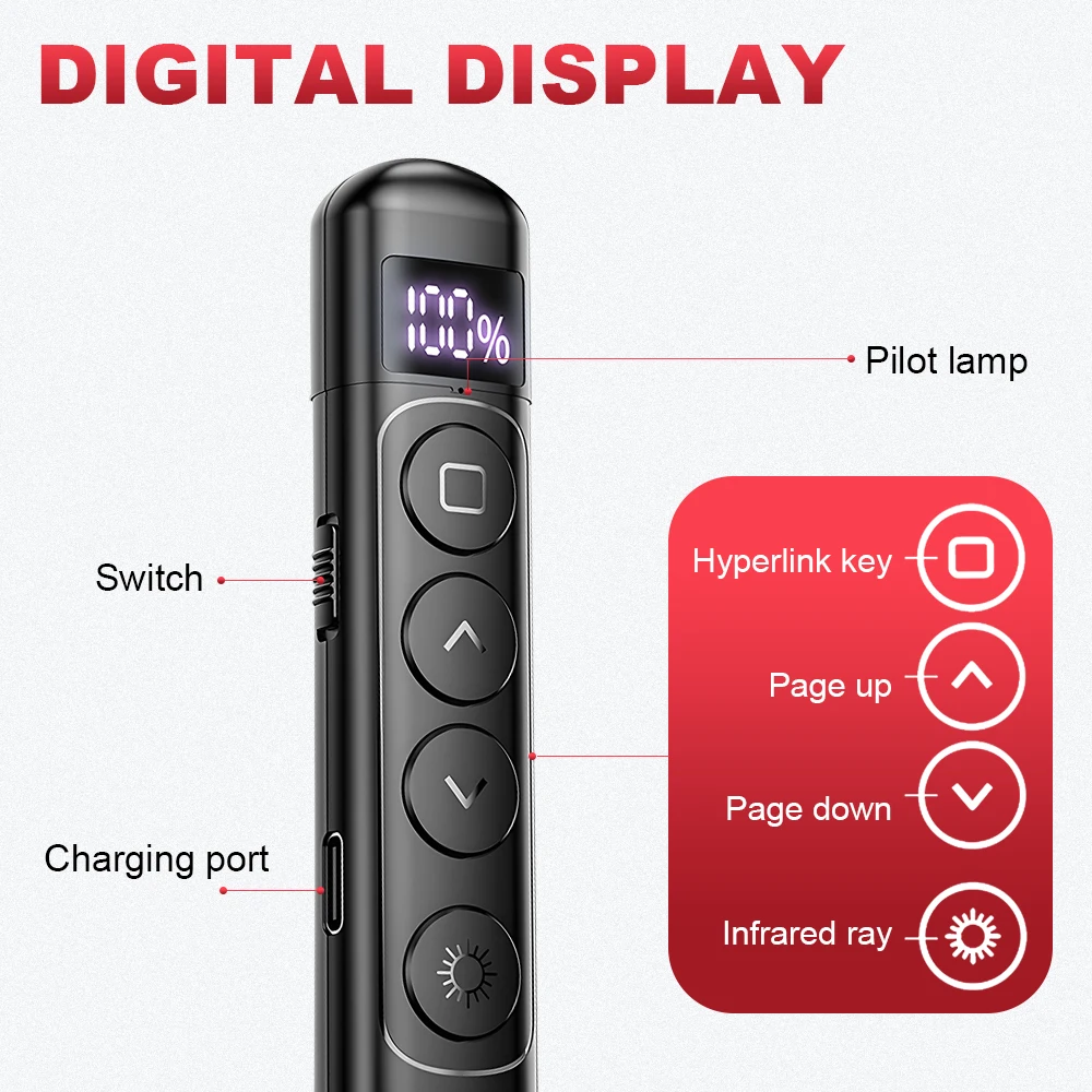 Powerpoint Pen 2.4GHz Wireless Multimedia Remote Control Flip Pen w/Digital Display for Office Teaching Projector PPT Presenter