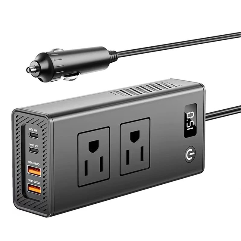 A82M-Portable Car Inverter Adapter Convert 200W 4 USB Port 2 Sockets Digital Display PD Fast Charging For Travel US Plug
