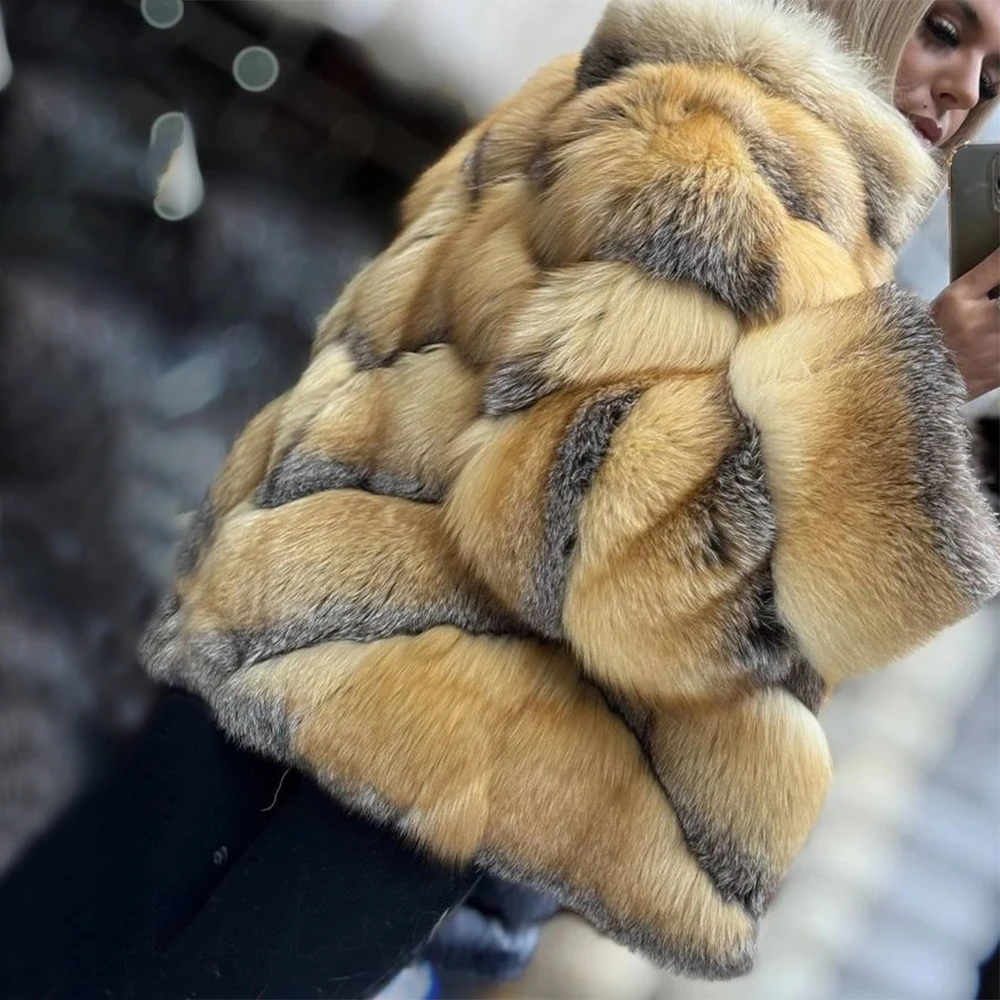 Fashion Women's Real Red Fox Fur Coats Luxury Natural Fox Fur Stand Collar Jackets Winter Warm Genuine Fur Thick Outwear