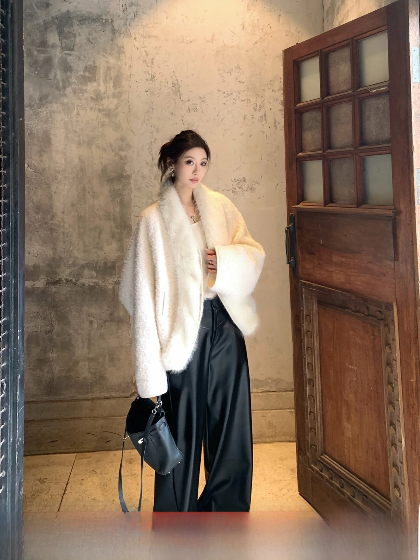 

GV Big Brother Detachable Fur Collar Wool Blend Cotton Jaet Women's Autumn Winter Warm Top Vintage Sle ort Coat