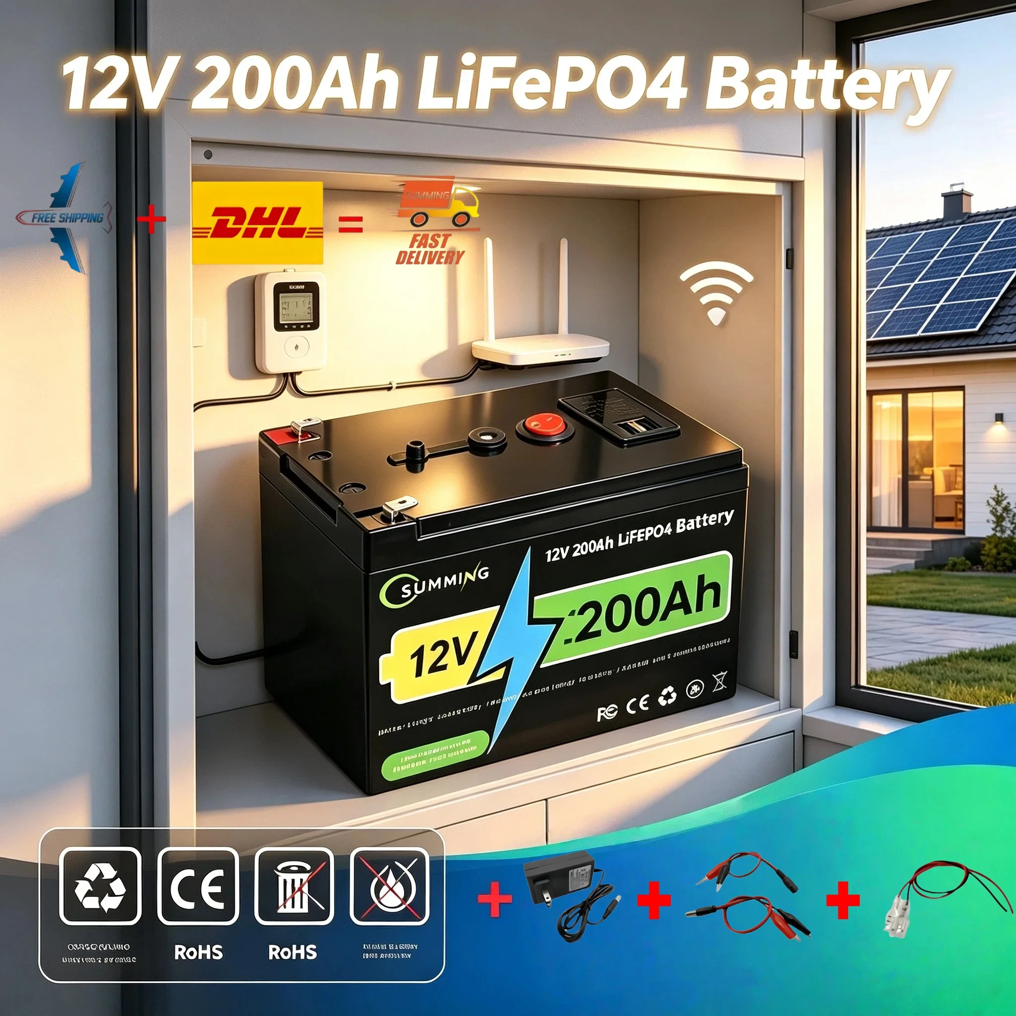 12V 160Ah 180Ah 200Ah LiFePO4 Deep Cycle Battery, Rechargeable 200Ah Battery Built-in BMS for Scooters, Solar Energy, Fan.