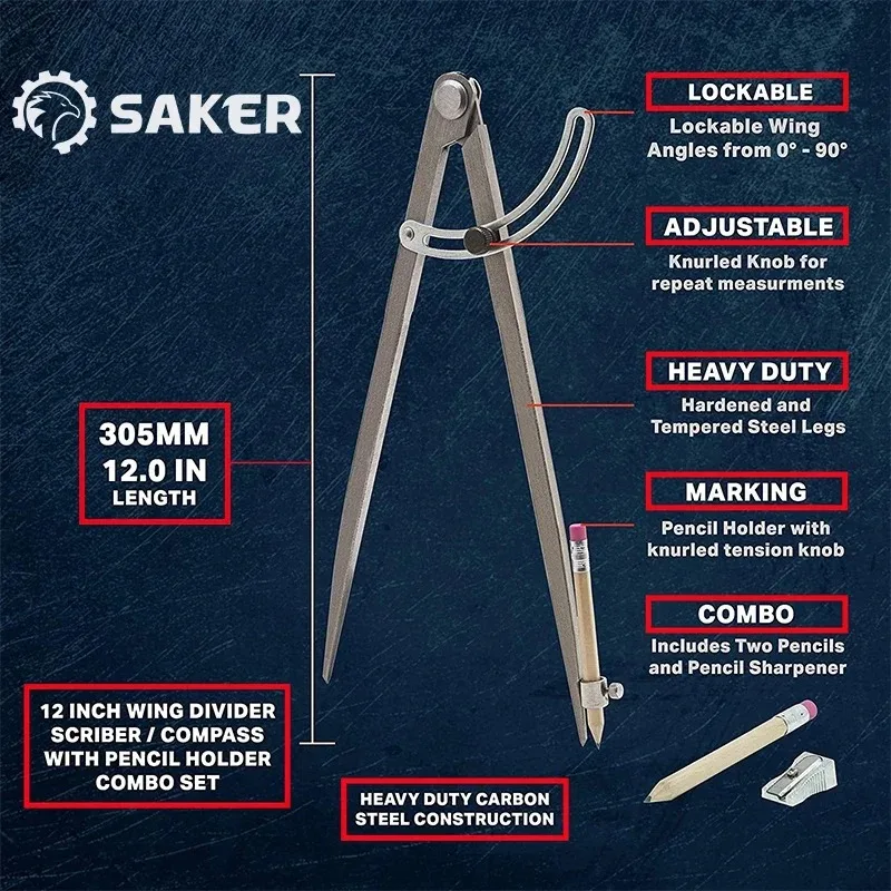 Steel Wing Divider Pencil Marking Compass-Circle Adjustable Scriber  For Measuring Diameters Angles Draw Circles Arcs Carpenter