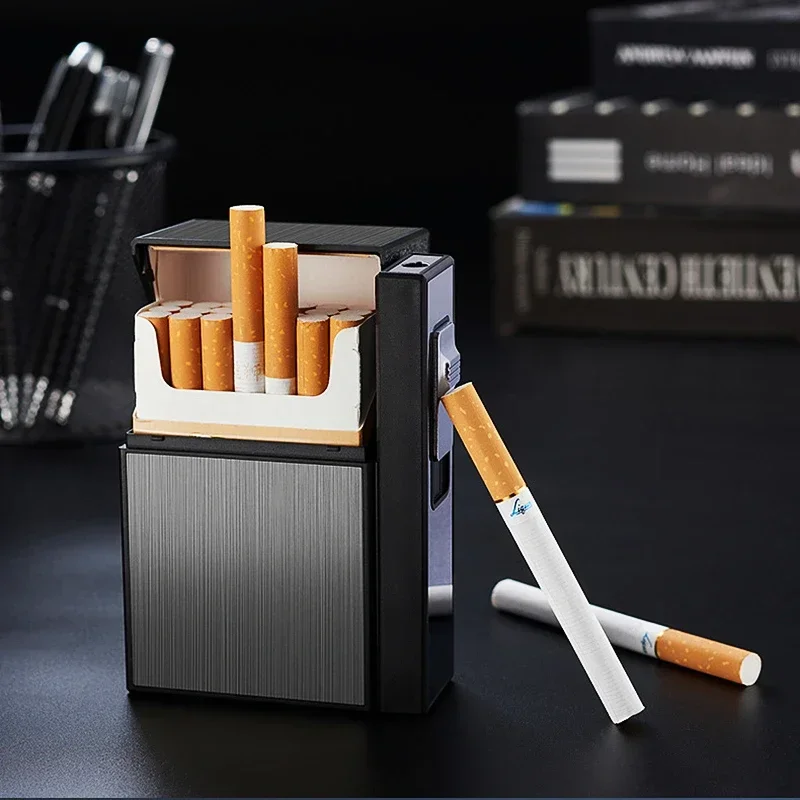 Holds 20 Brand New Metal Cigarette Case Flashlight USB Lighter Windproof Jet Rechargeable Gas Lighter Men\'s Gadgets