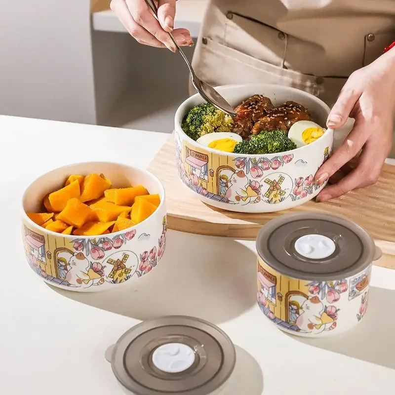 Ceramic Fresh-keeping Bowl with Cover Bento Box Fruit Fresh-keeping Box Instant Noodle Bowl Home Office Workers Can Microwave