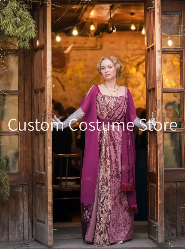 Belleepoque Fuchsia Historycaldance Evening Queen Gala Gown 1910s Velvet Embroidered Olga Prom Dress Costume Customized