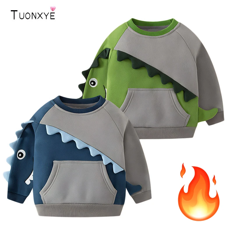TUONXYE Jungen Langarm Plus Samt Sweatshirts Cartoon 3D Dinosaurier Farbe Kontrast Tasche Weiche Baumwolle Kinder Top Kleidung