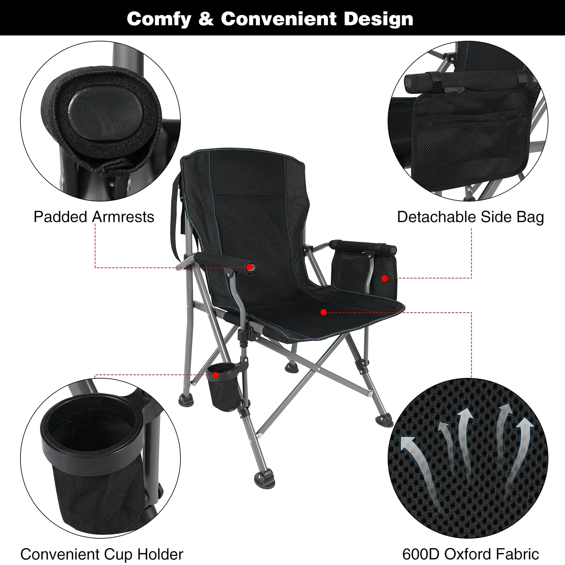 Oversized Folding Camping Chair，Sturdy Steel Frame Outdoor Camp Chairs Portable Lawn Chair with High Back and Cup Holder