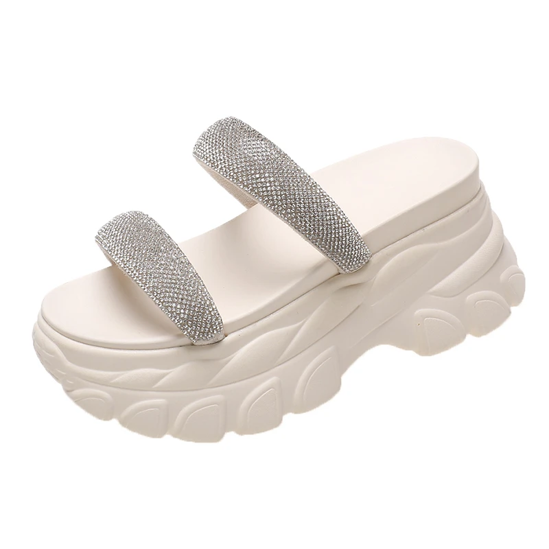 Summer Women Chunky Slippers Luxury Slip-on 8CM Wedges Bling Shoes Outside High Platform Sandals White Beach Casual Slides Woman