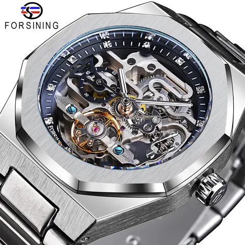 Forsining Silver Automatic Watch Men 3D Diamond Dial Irregular Tourbillon Skeleton Mechanical Wristwatches Luminous Hands Clock