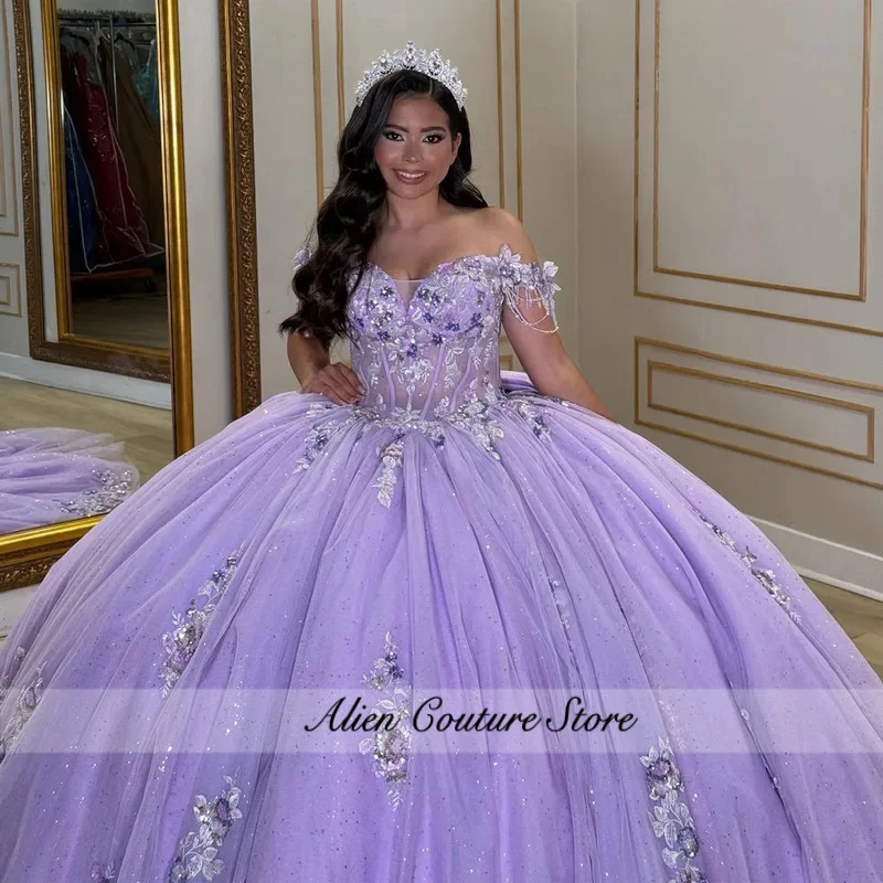 2025 Princesse Lilas Robe De Bal Robes De Quinceanera Dentelle Appliques Hors Épaule Robe De Soirée Robes De Soirée