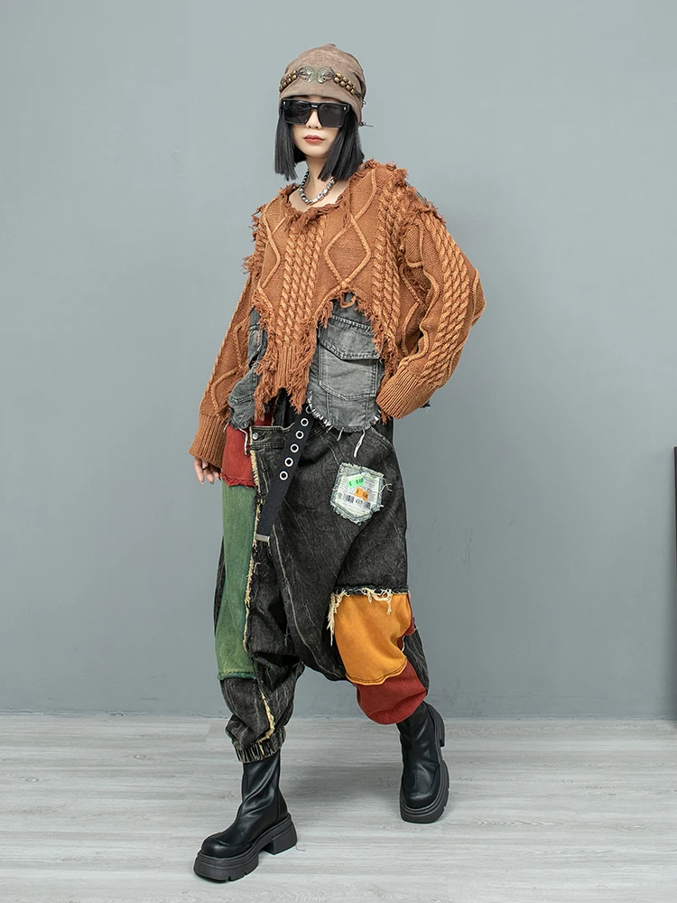 Fried Dough Twists Wool Splicing Denim Sweater + Big Crotch Pants Two-piece Women 2024 Autumn Cool Pant Set LX2342