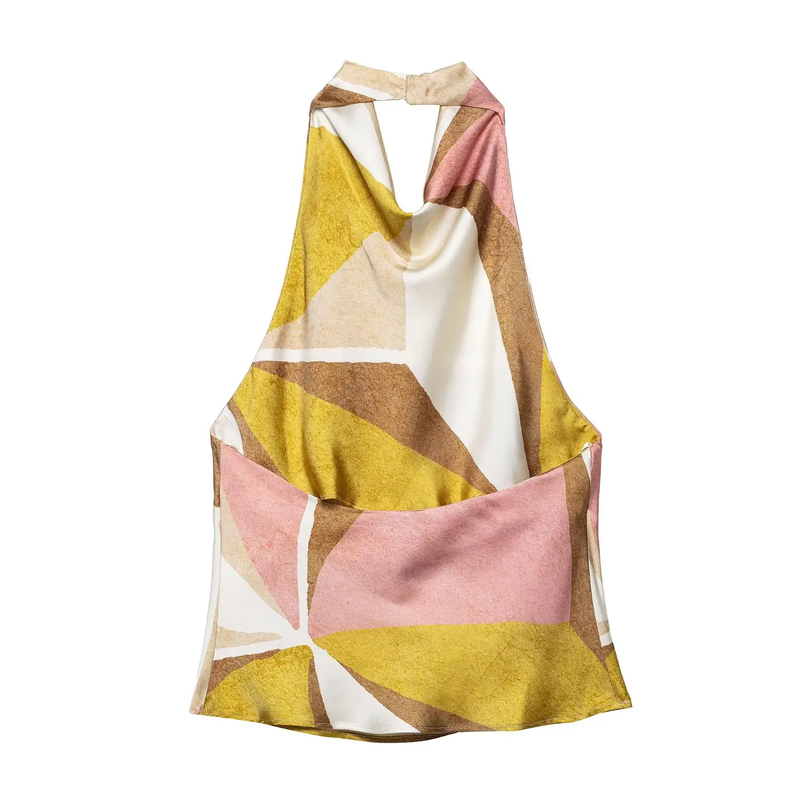 Zevity 2025 Women Chic Geometric Print Halter Camis Tank Lady Backless Casual Slim Shirt Summer Beach Wear Blouse Tops LS9173