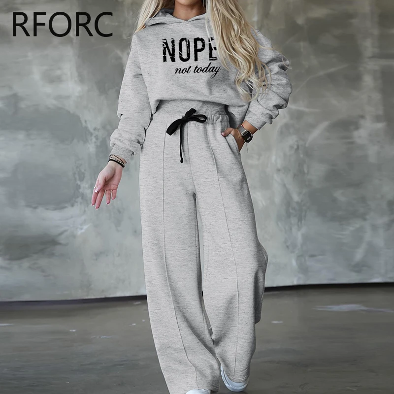 2023 Women Letter Print Hooded Sweatshirt Top & Drawstring Bottoms Two Pieces Casual Pants Set