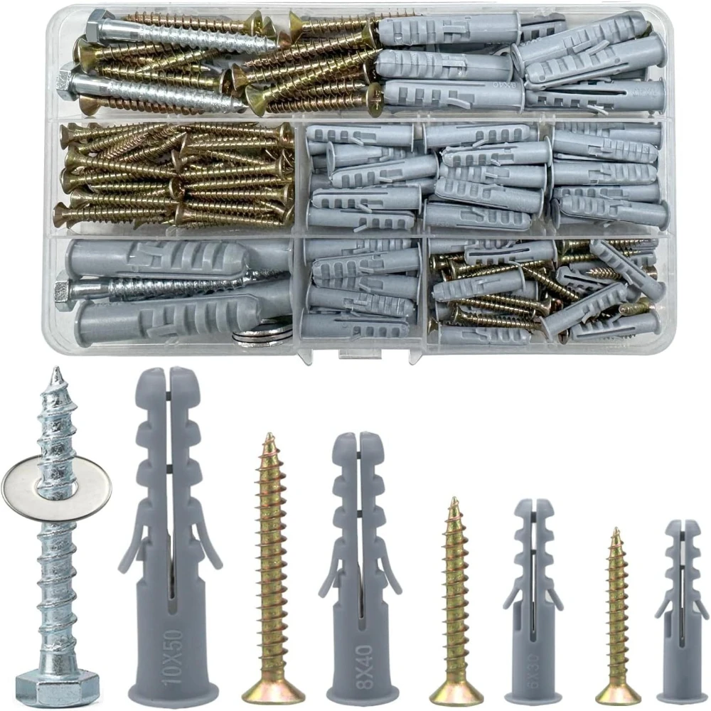 188pcs Gypsum Board Expansion Anchor Screws Set Plastic Expansion Tube M3 M4 M5 M6 M8 M10 Self-tapping Screws Combination
